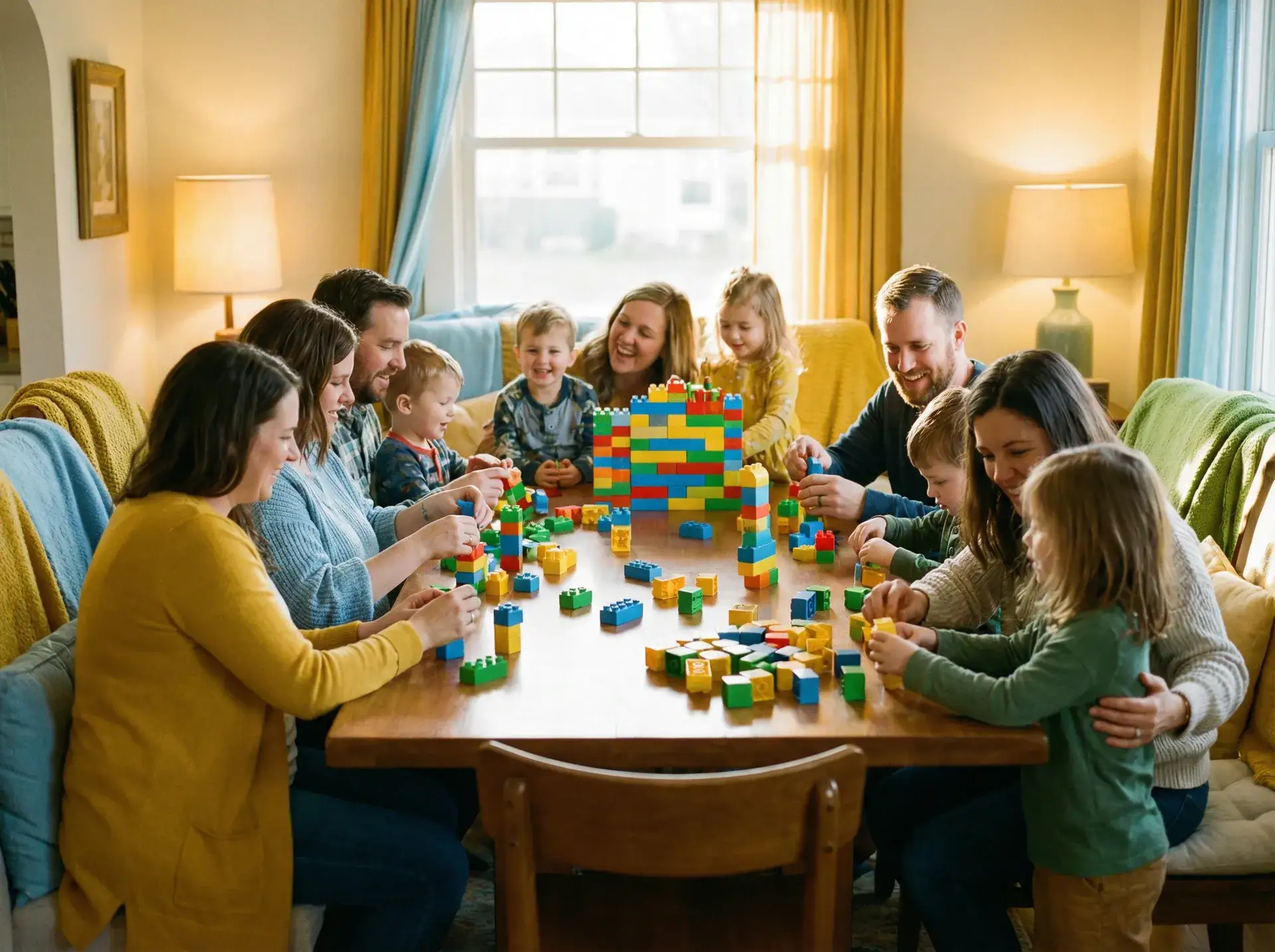 家长和孩子们一起在社区论坛快乐地分享和评论积木作品 - 小马拉大车